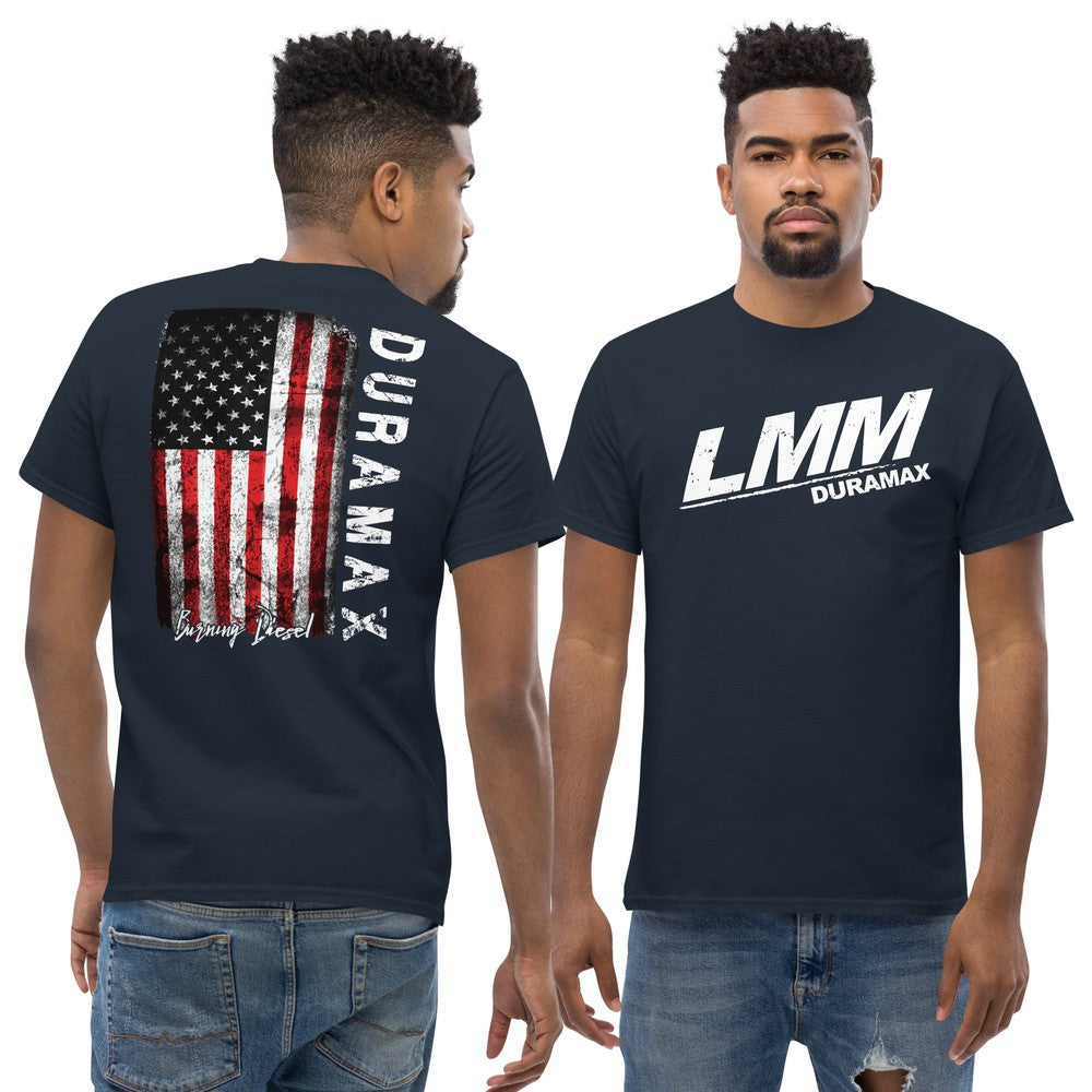 LMM Duramax T-Shirt Diesel Truck Shirt With American Flag Design modeled in navy