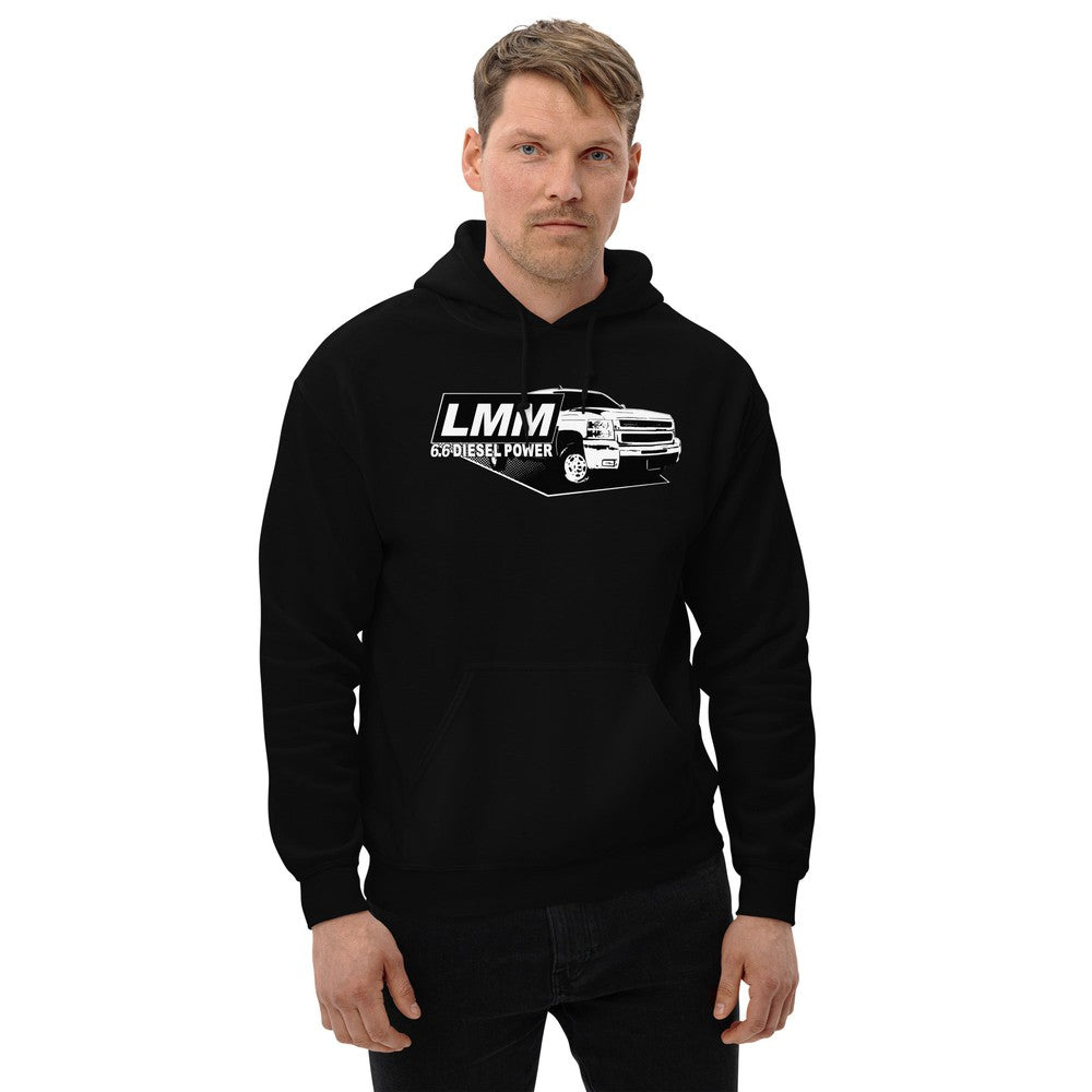 LMM Duramax Hoodie Sweatshirt modeled in black