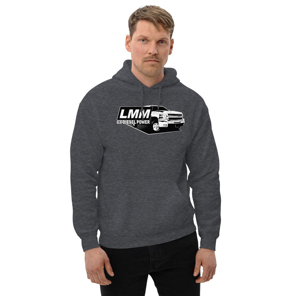 LMM Duramax Hoodie Sweatshirt modeled in grey
