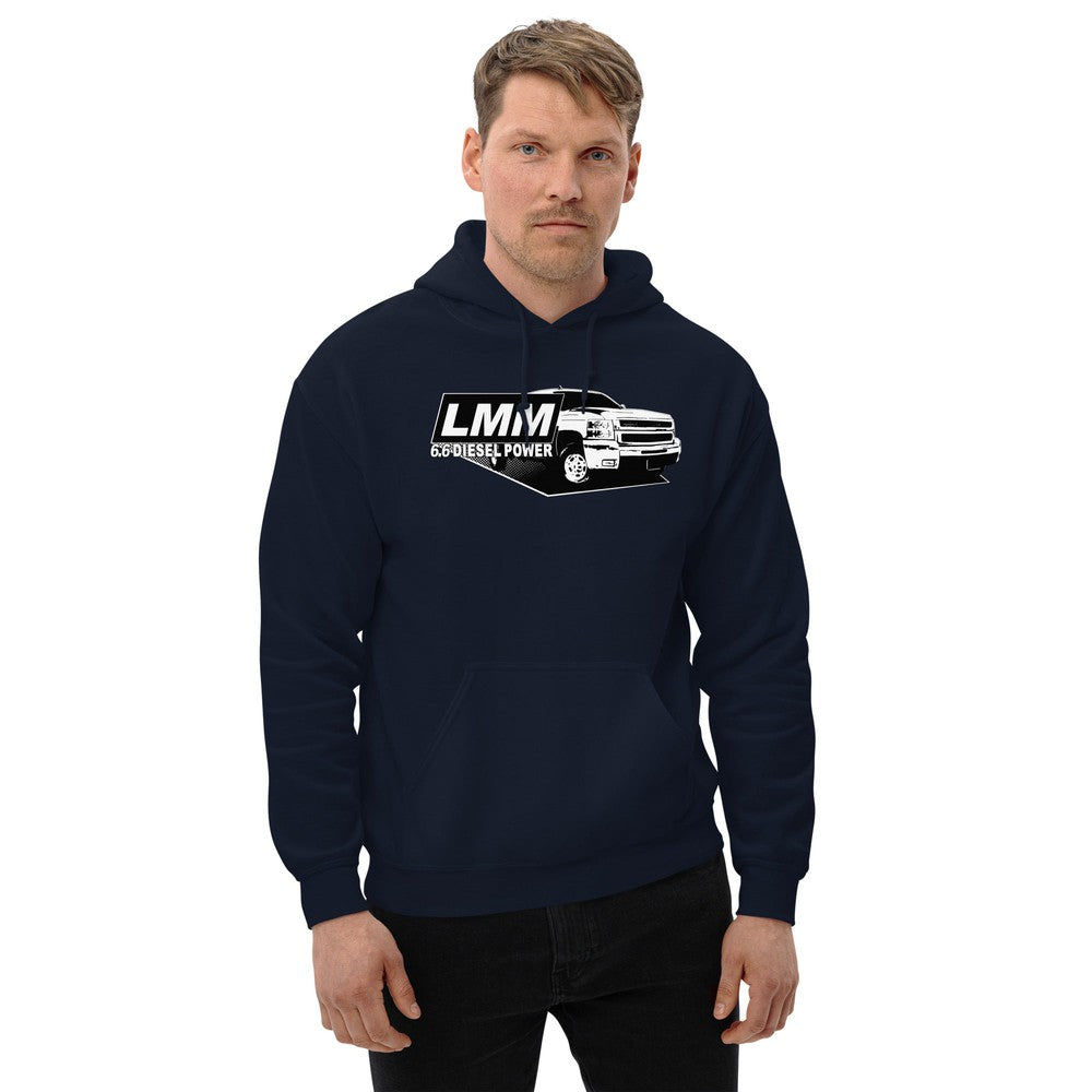 LMM Duramax Hoodie Sweatshirt modeled in navy