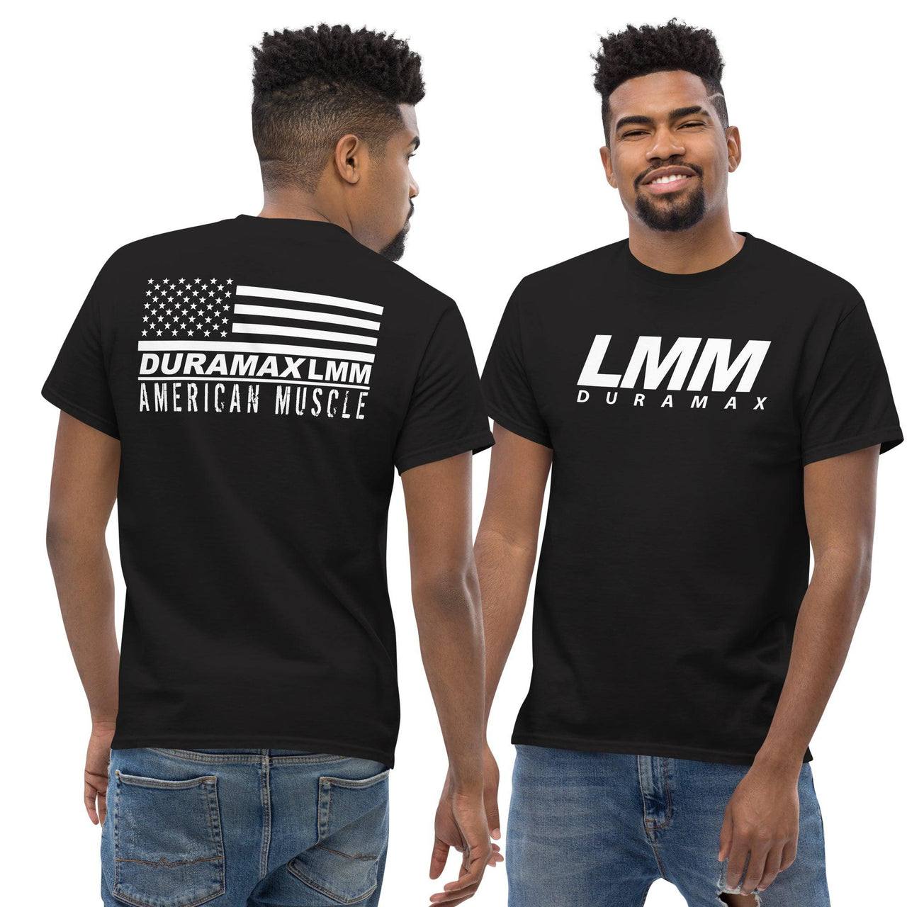 LMM Duramax T-Shirt With American Flag Design modeled in Black