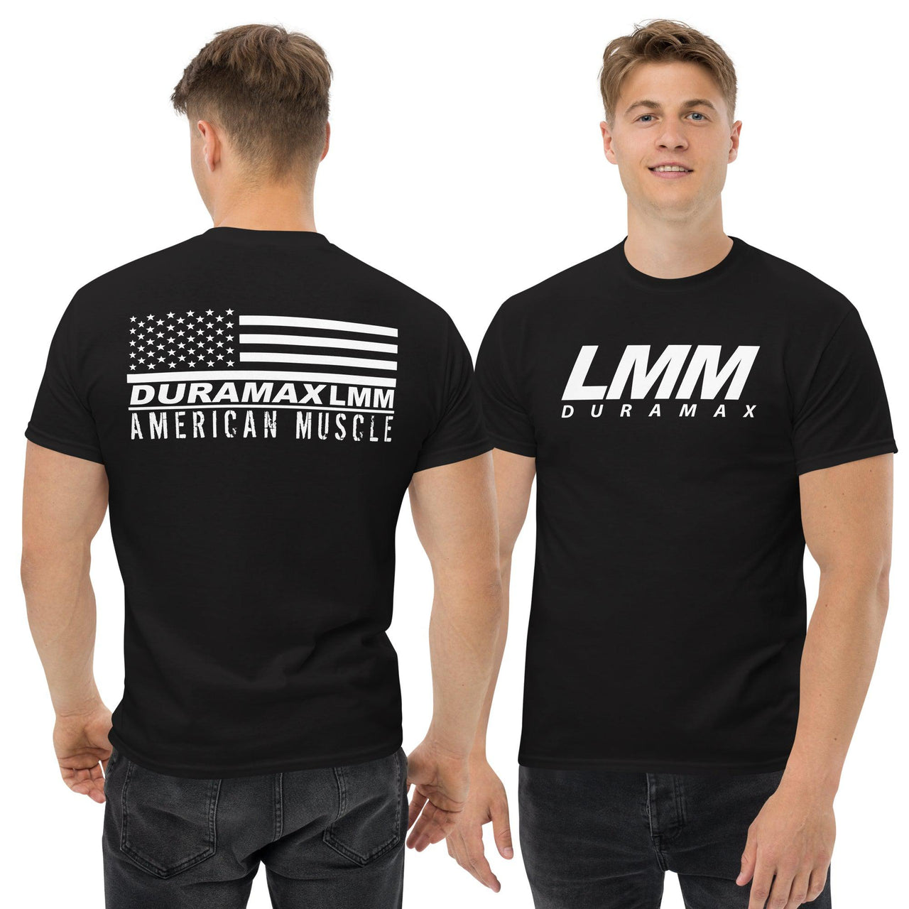 LMM Duramax T-Shirt With American Flag Design modeled in Black