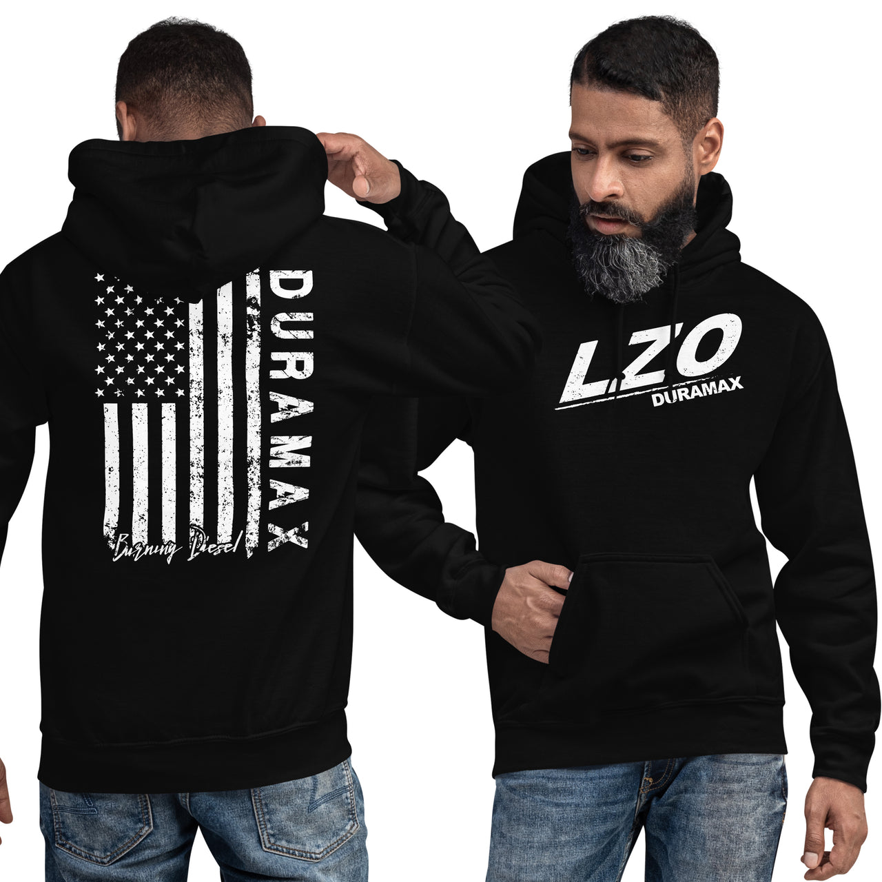 LZO 3.0 Duramax Hoodie Sweatshirt With American Flag Design modeled in black