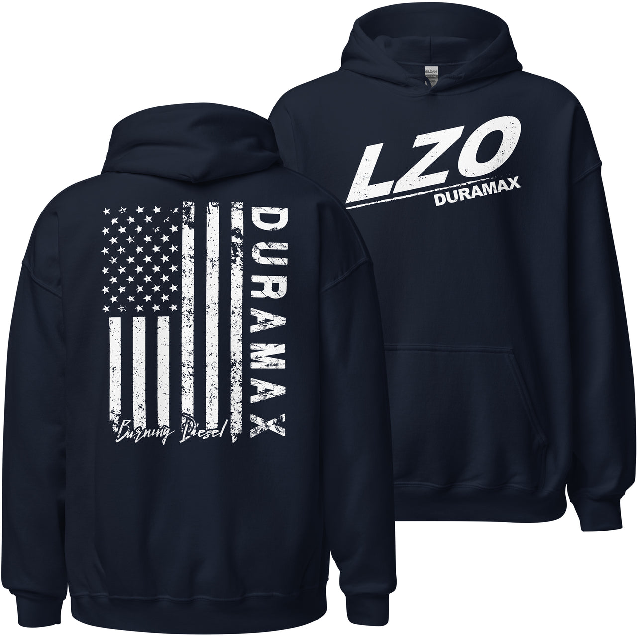 LZO 3.0 Duramax Hoodie Sweatshirt With American Flag Design in navy