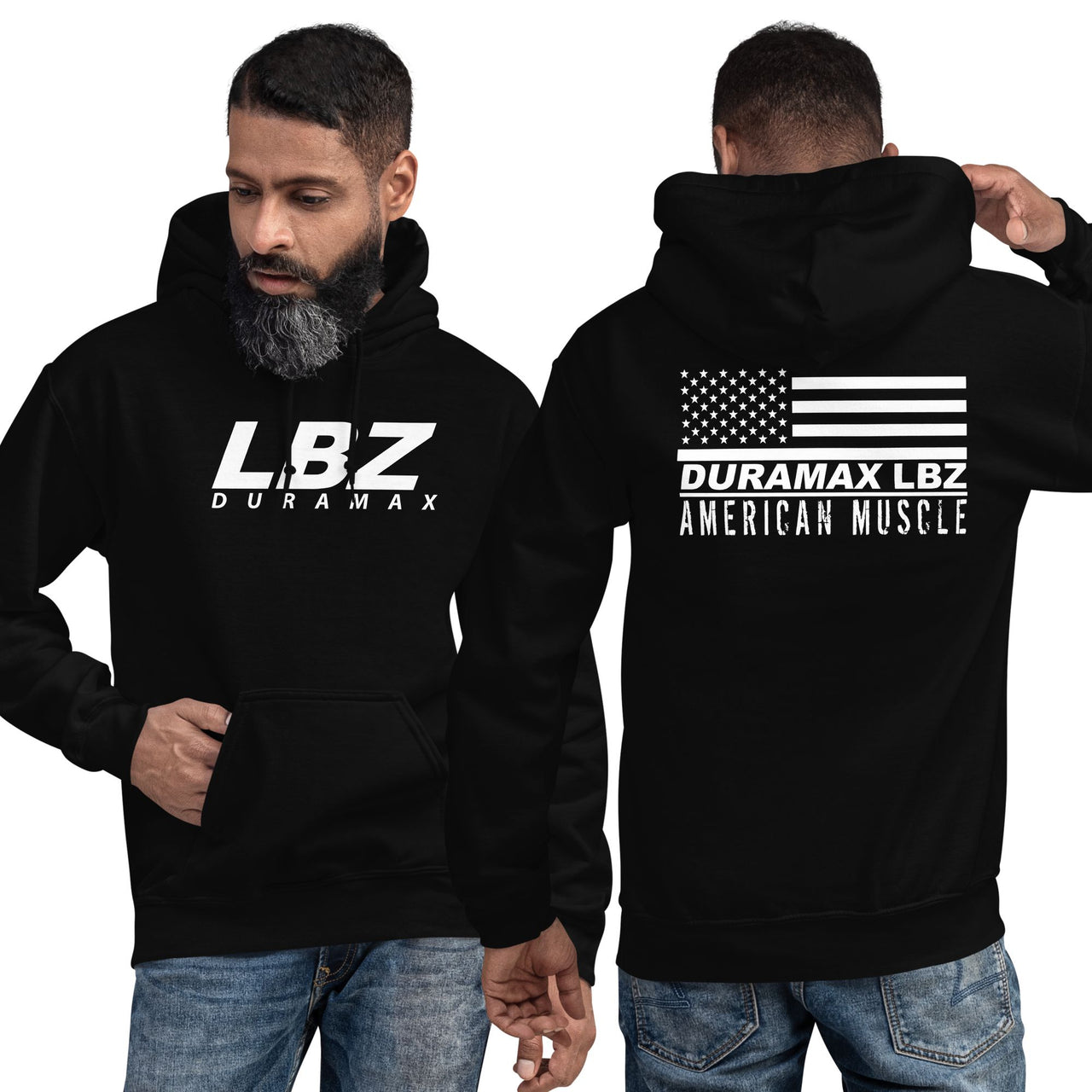 model wearing LBZ Duramax Hoodie With American Flag in Black