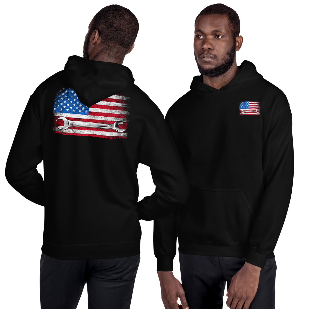 American Flag Mechanic Hoodie Sweatshirt modeled in black