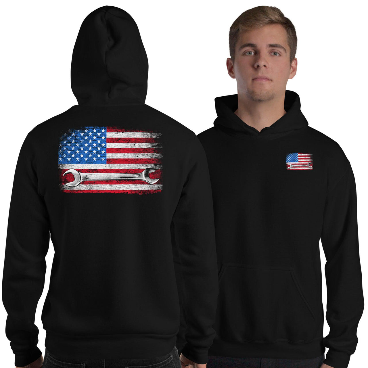 American Flag Mechanic Hoodie Sweatshirt modeled in black 2