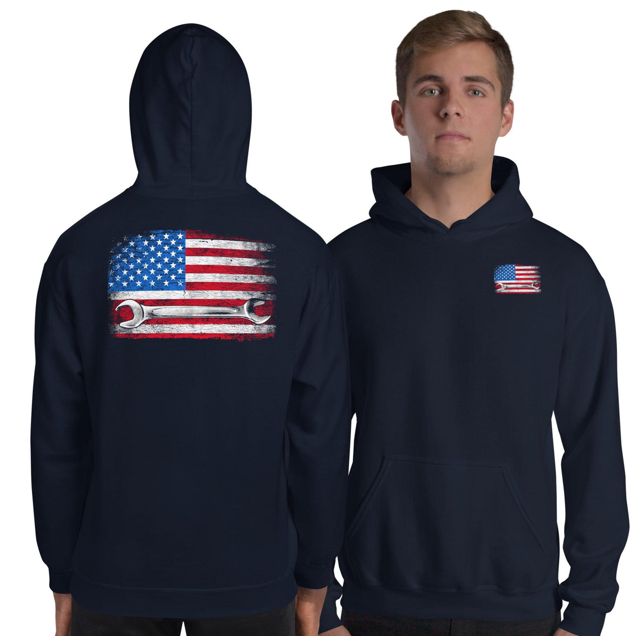 American Flag Mechanic Hoodie Sweatshirt modeled in navy 2