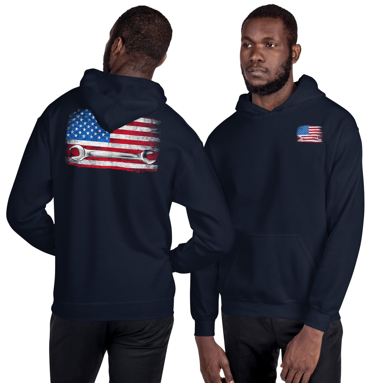 American Flag Mechanic Hoodie Sweatshirt modeled in navy
