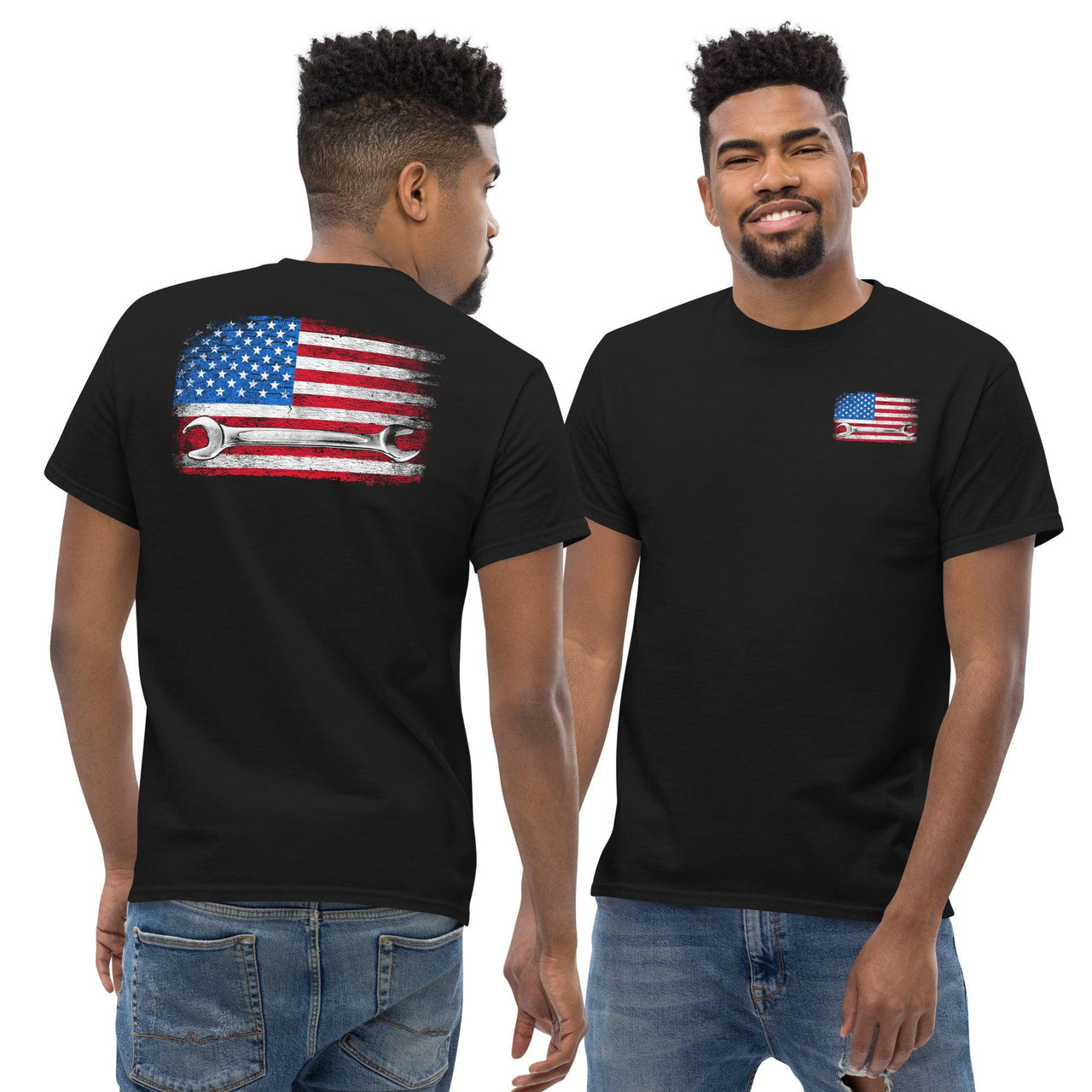 Mechanic T-Shirt American Flag Wrench Design modeled in black 2