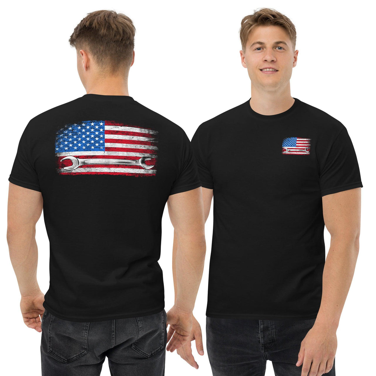 Mechanic T-Shirt American Flag Wrench Design modeled in black