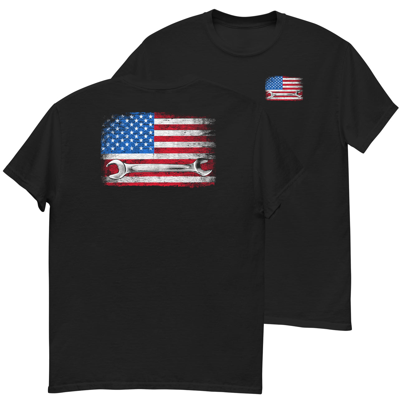 Mechanic T-Shirt American Flag Wrench Design-In-Black-From Aggressive Thread