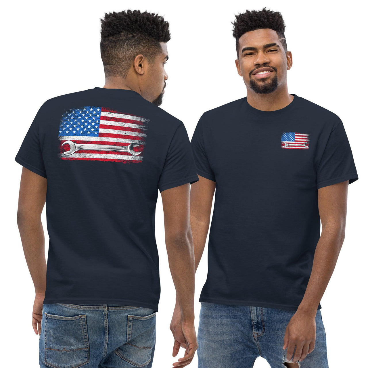 Mechanic T-Shirt American Flag Wrench Design modeled in navy