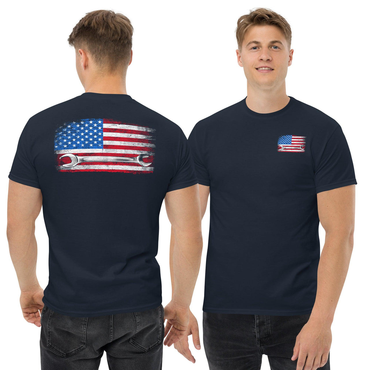 Mechanic T-Shirt American Flag Wrench Design modeled in navy