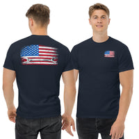 Thumbnail for Mechanic T-Shirt American Flag Wrench Design modeled in navy