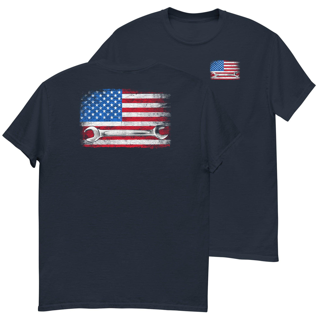 Mechanic T-Shirt American Flag Wrench Design  in navy