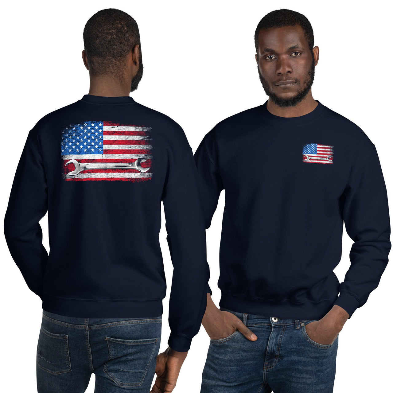 Mechanic Crew Neck Sweatshirt modeled in navy