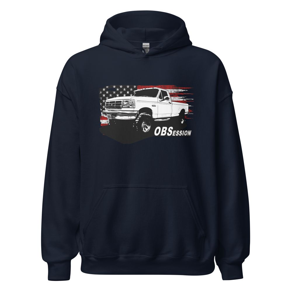 Single Cab OBS Ford 4x4 Hoodie With American Flag Background - Aggressive Thread auto Apparel - Color Navy