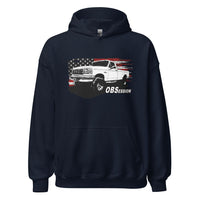 Thumbnail for Single Cab OBS Ford 4x4 Hoodie With American Flag Background - Aggressive Thread auto Apparel - Color Navy