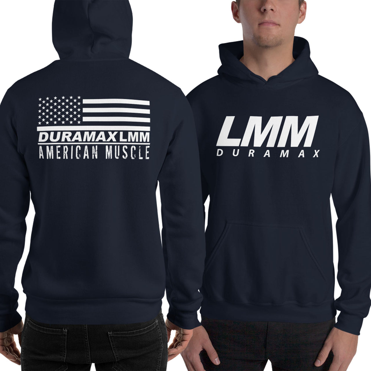 Man Wearing A LMM Duramax American Flag Hoodie From Aggressive Thread - Color Navy