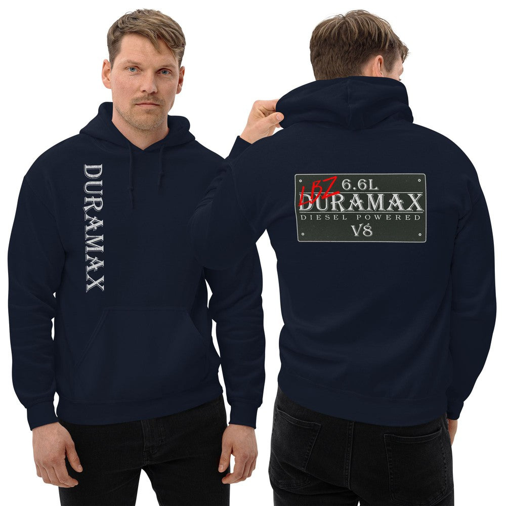 Man Wearing a LBZ Duramax Hoodie - Vintage Sign Design - Aggressive Thread - Color Navy
