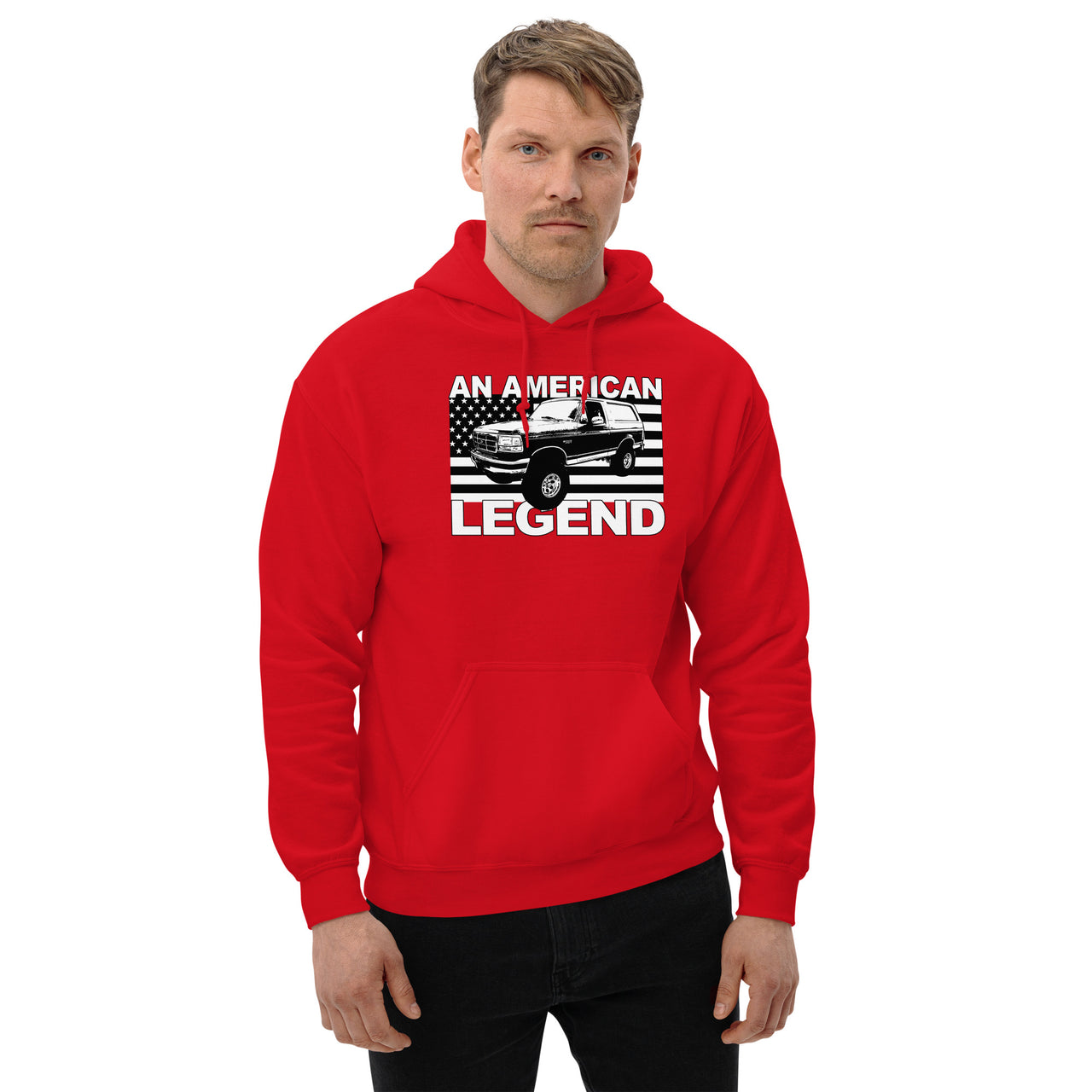 OBS Bronco An American Legend Hoodie modeled in red
