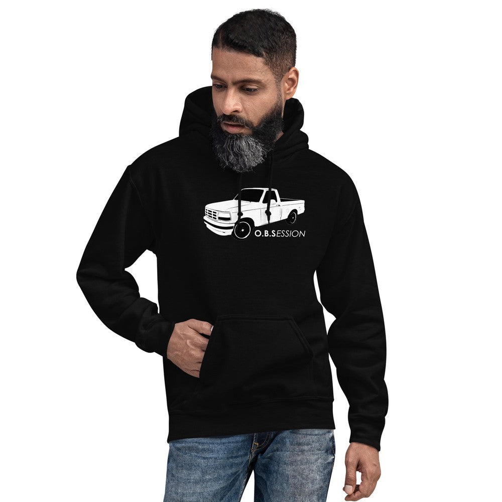 OBS Truck Hoodie With Lowered Single Cab F150 Sweatshirt modeled in black