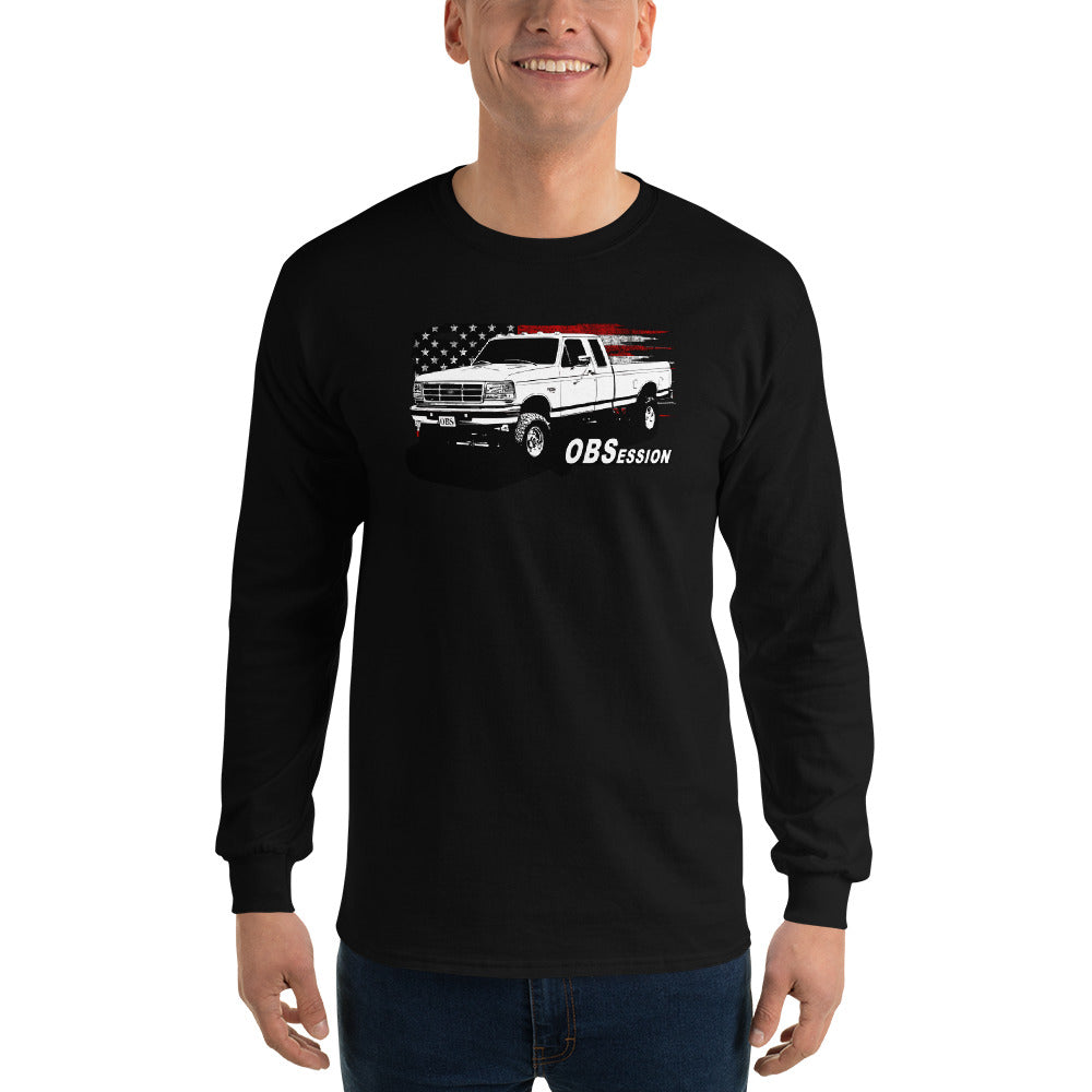 OBS Ext Cab Truck American Flag Long Sleeve Shirt modeled in black