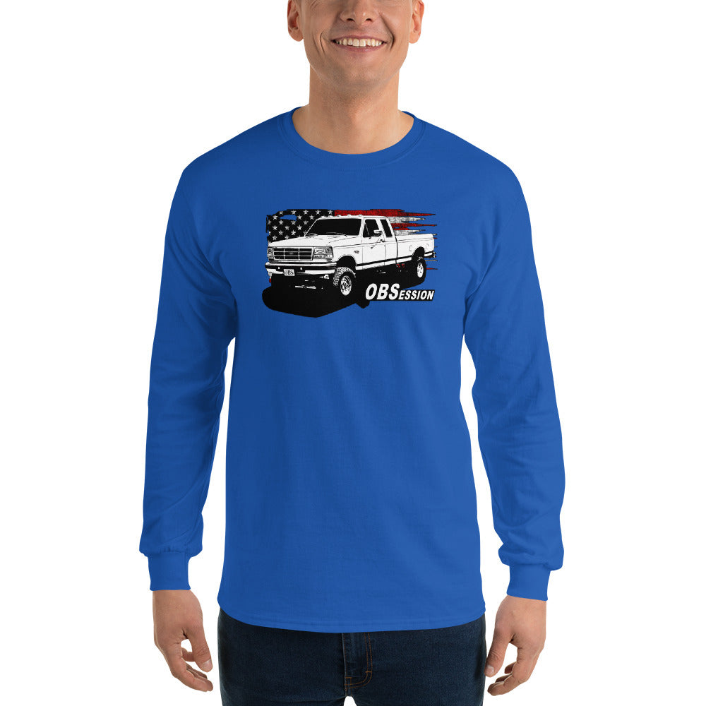 OBS Ext Cab Truck American Flag Long Sleeve Shirt modeled in royal