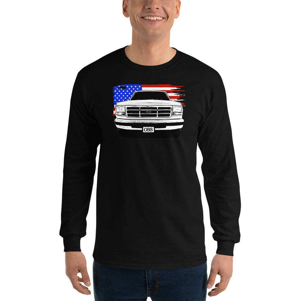OBS American Flag Long Sleeve T-Shirt modeled in black