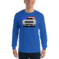 Thumbnail for OBS American Flag Long Sleeve T-Shirt modeled in blue