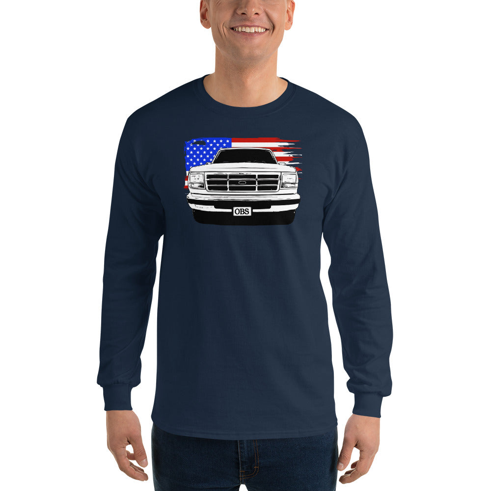 OBS American Flag Long Sleeve T-Shirt modeled in navy