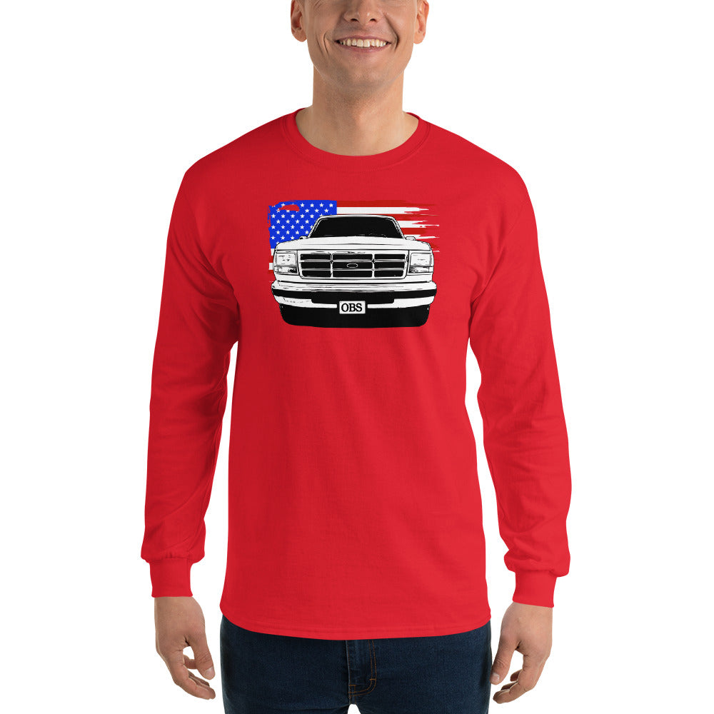 OBS American Flag Long Sleeve T-Shirt modeled in red