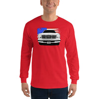 Thumbnail for OBS American Flag Long Sleeve T-Shirt modeled in red