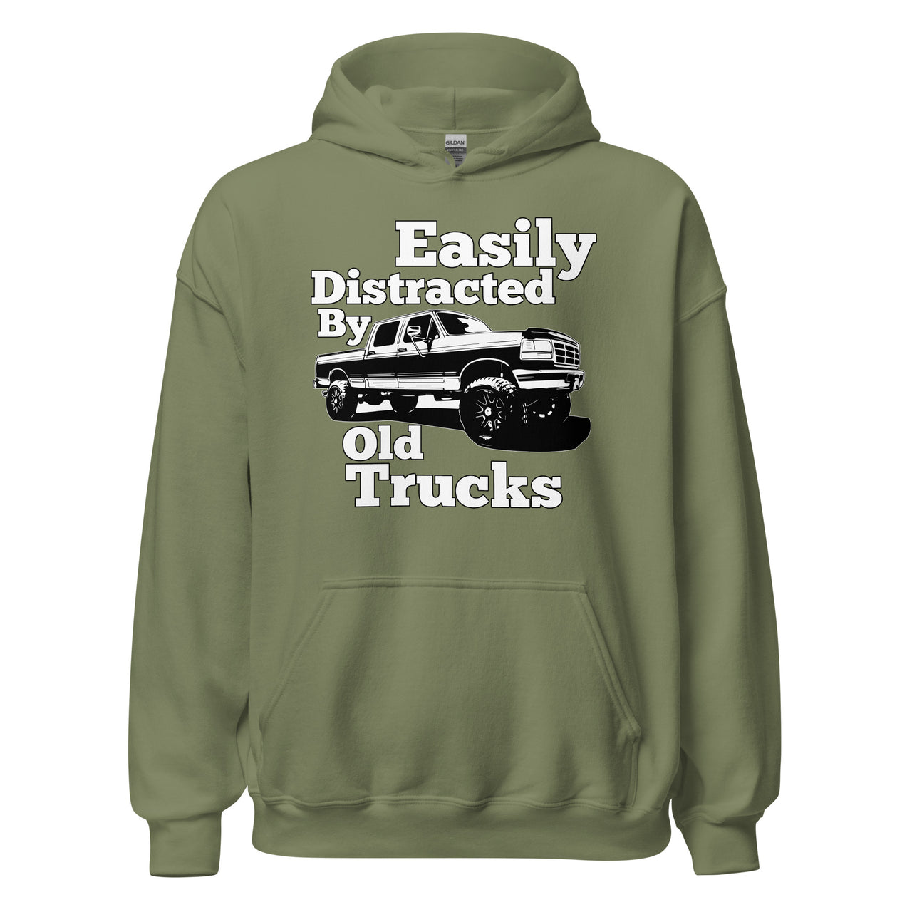 OBS Truck Hoodie Easily Distracted By Old Trucks in military green
