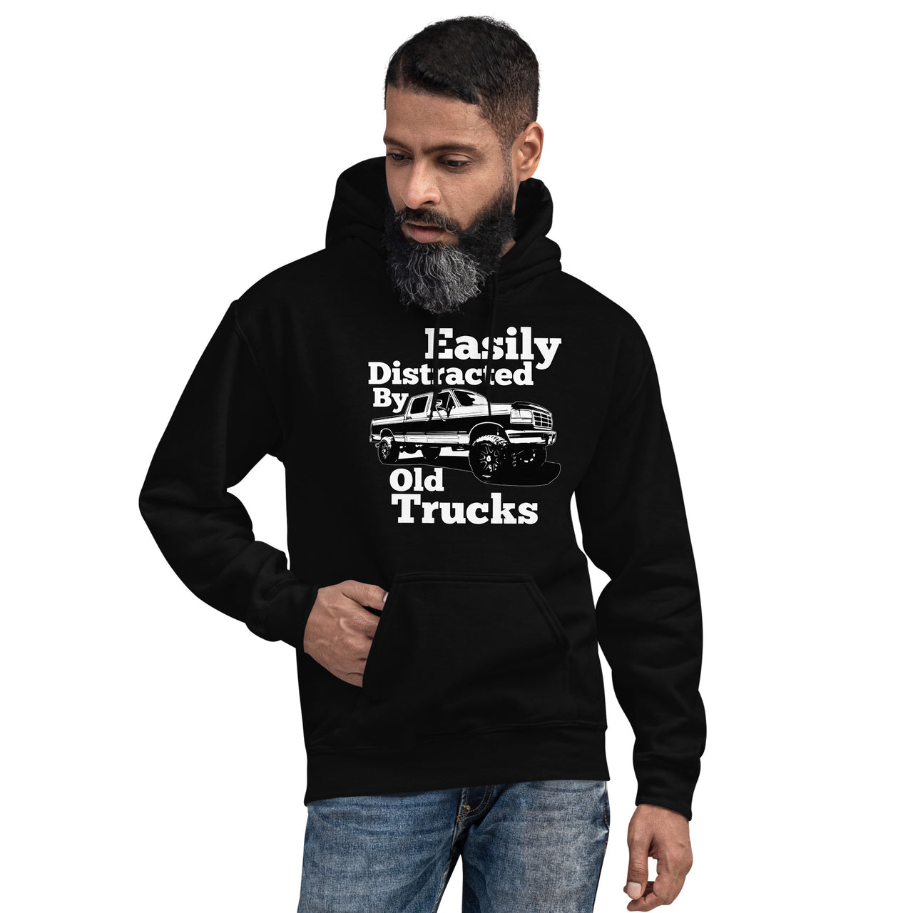OBS Truck Hoodie Easily Distracted By Old Trucks modeled in black