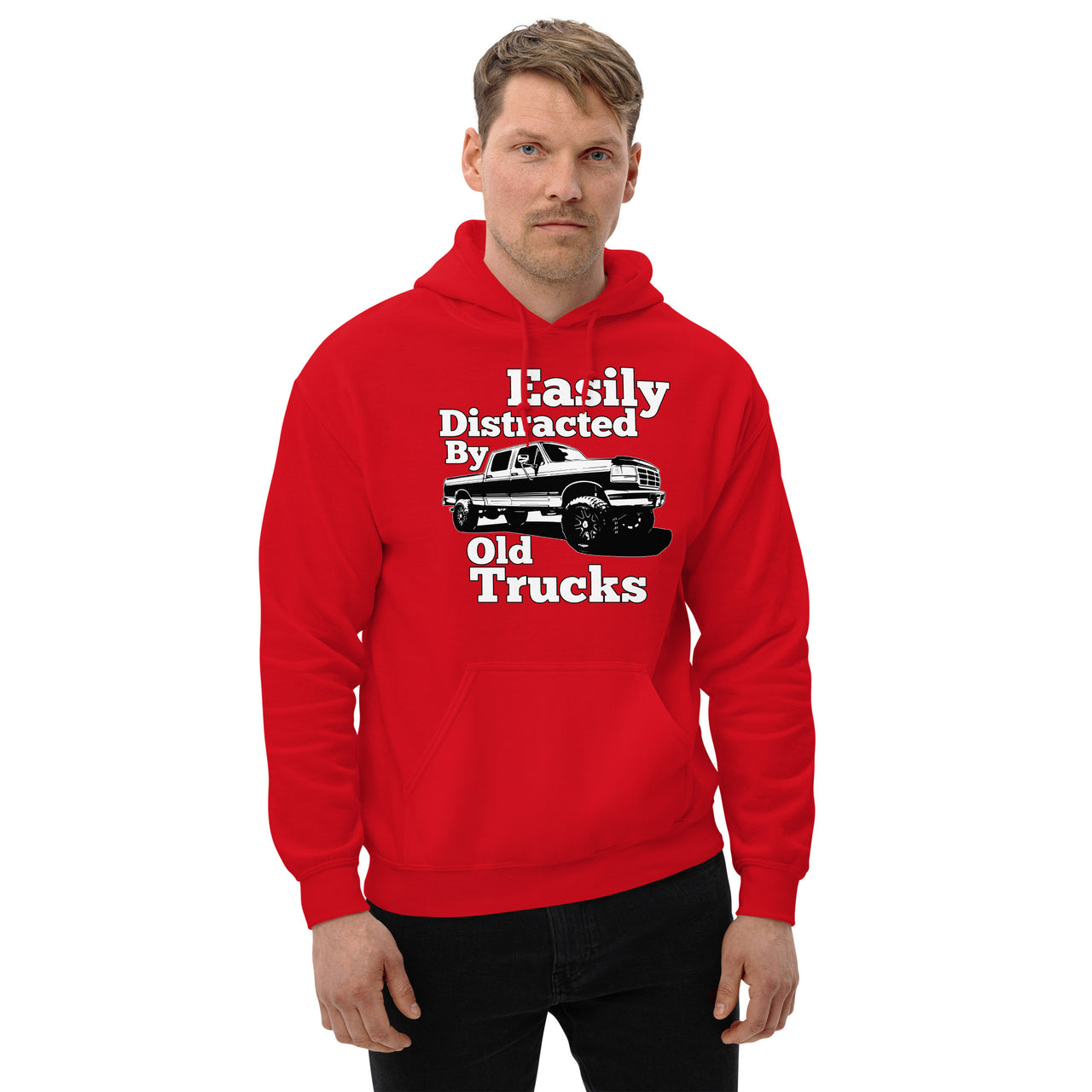 OBS Truck Hoodie Easily Distracted By Old Trucks modeled in red