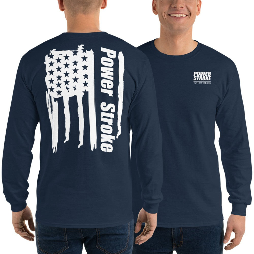 Powerstroke American Flag Long Sleeve T-Shirt modeled in navy