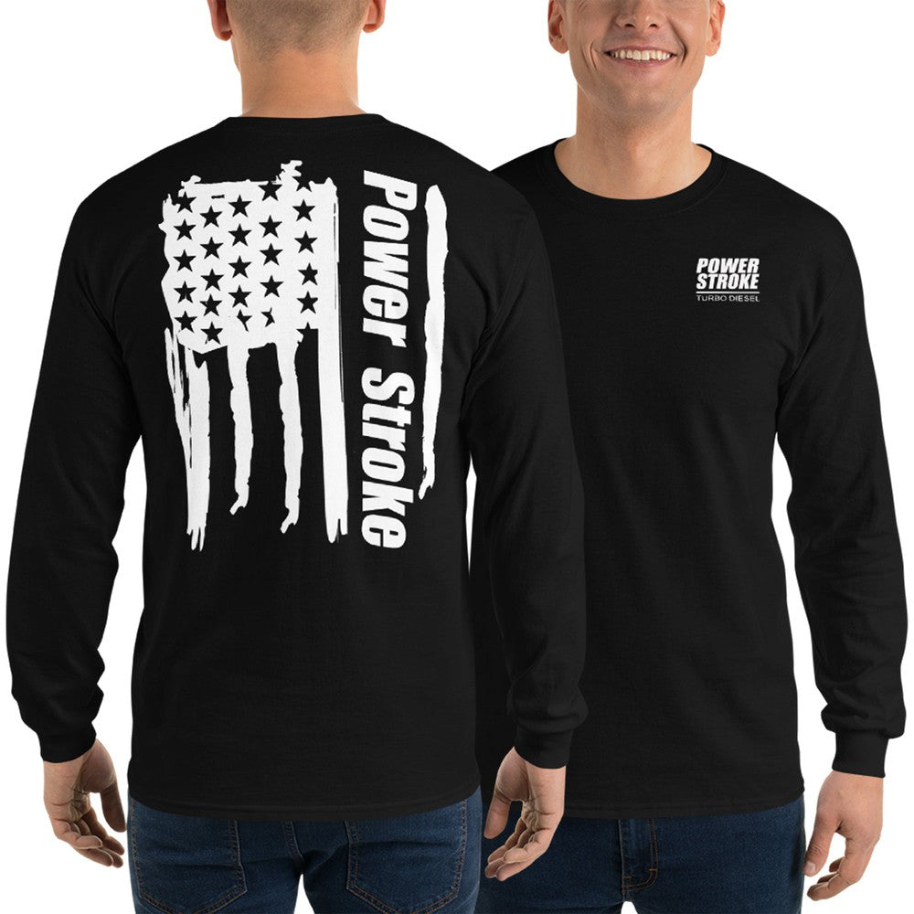 Powerstroke American Flag Long Sleeve T-Shirt modeled in black
