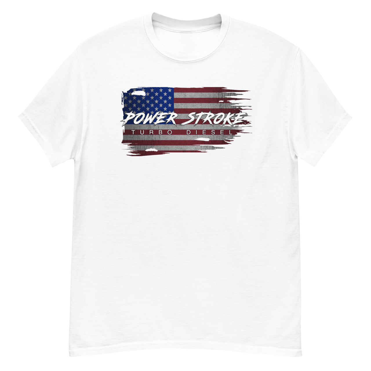 Power Stroke Diesel American Flag T-Shirt in black from Aggressive ThreadPower Stroke Diesel American Flag T-Shirt in white from Aggressive Thread