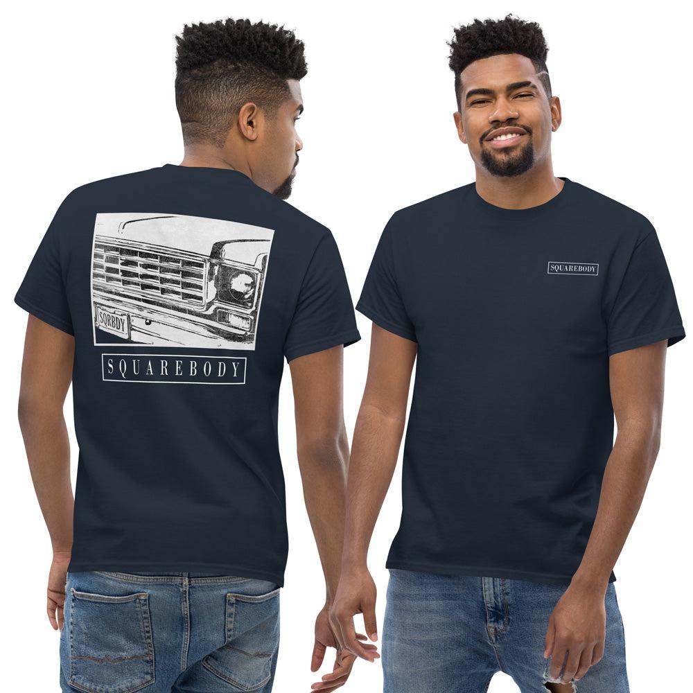 man modeling a Square Body T-Shirt Based on 70s Round Eye Truck - navy