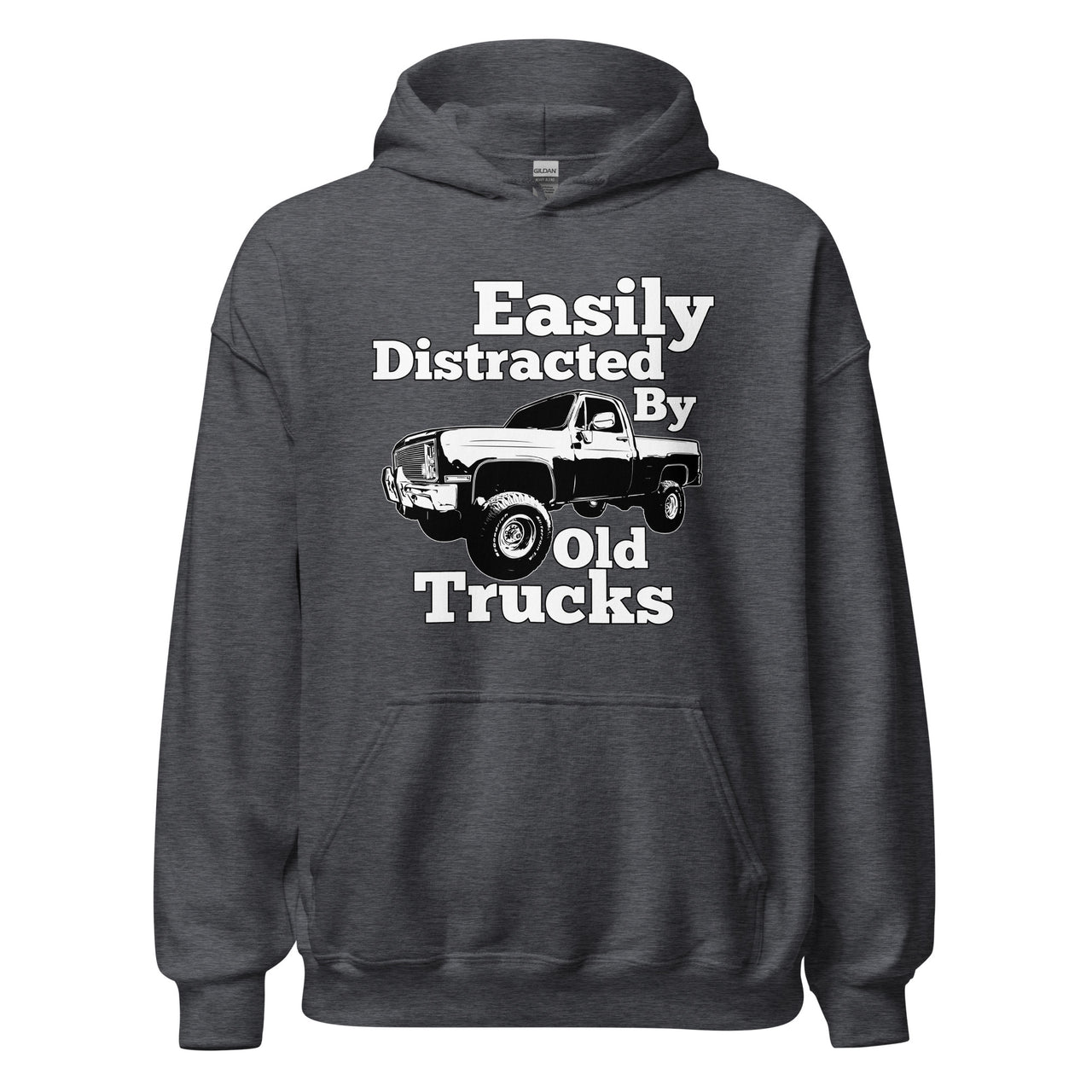 Square body truck hoodie with funny phrase in dark heather