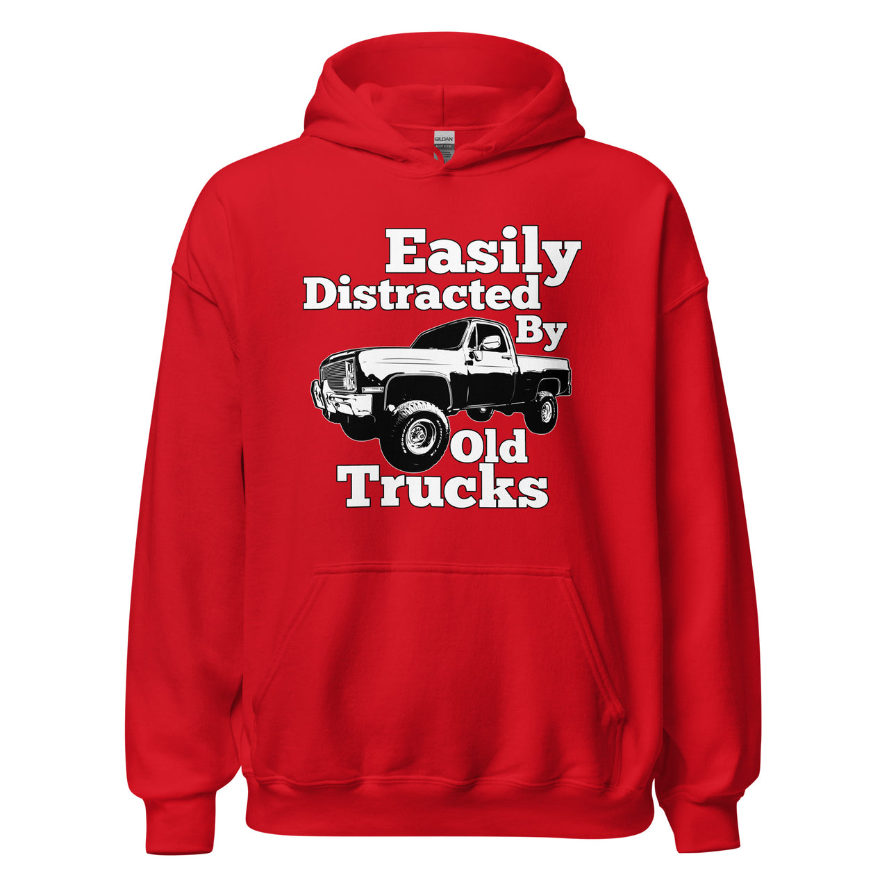 Square body truck hoodie with funny phrase in red