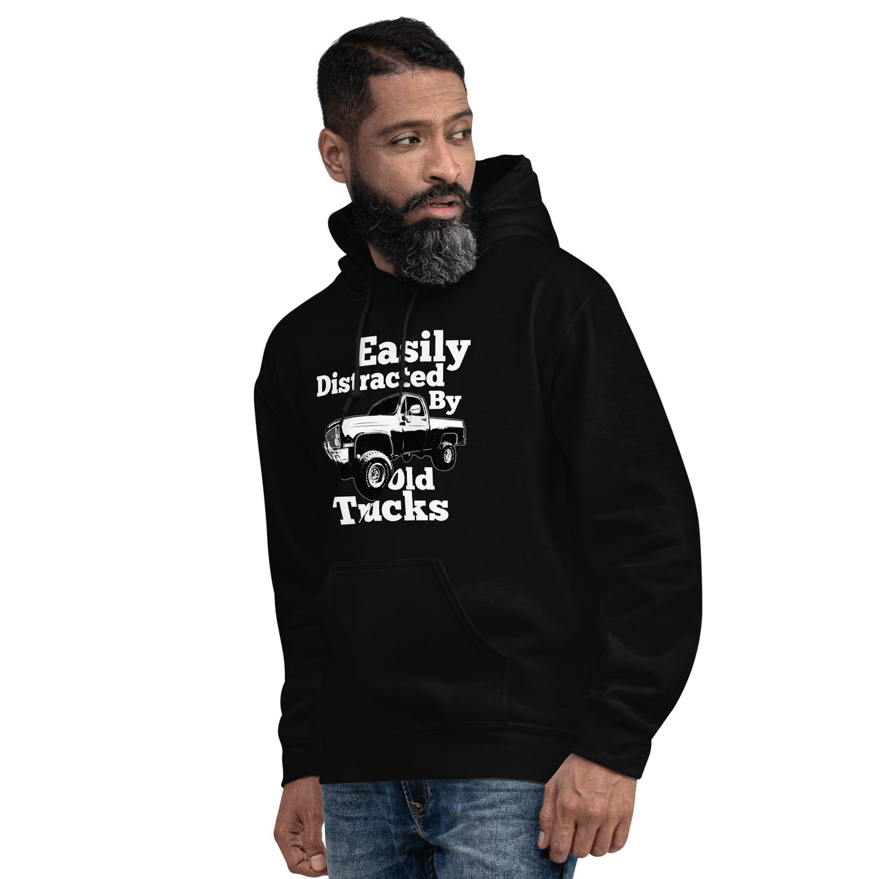 Square body truck hoodie with funny phrase modeled in black