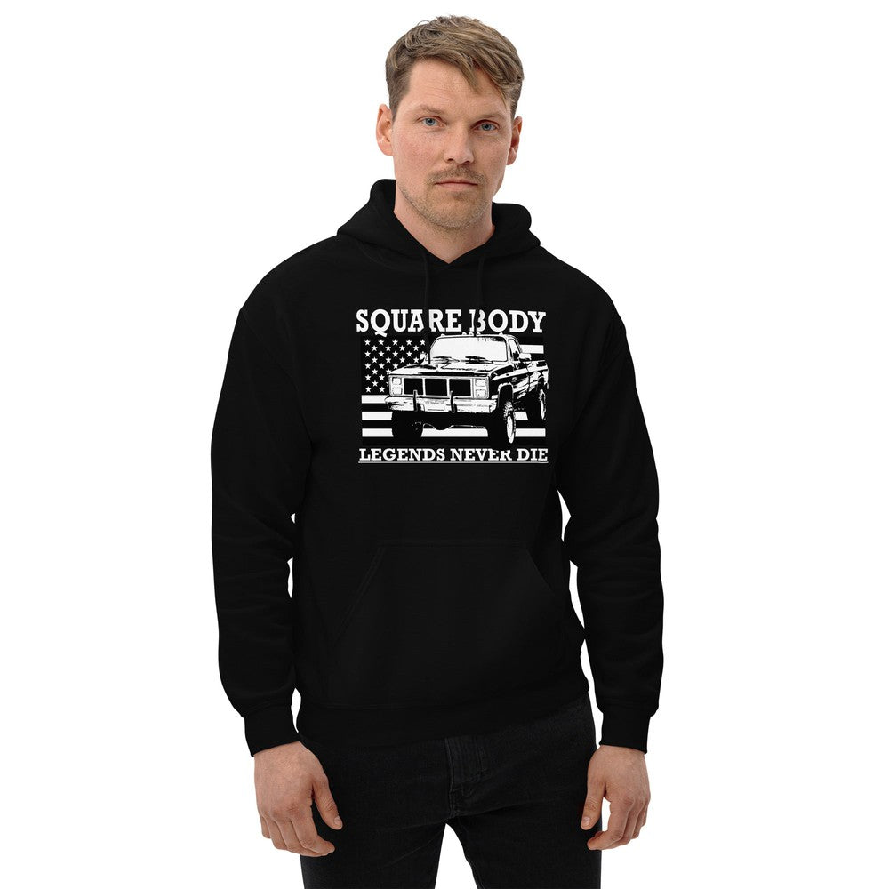 Squarebody Legends Hoodie Square Body Truck Sweatshirt With American Flag Design modeled