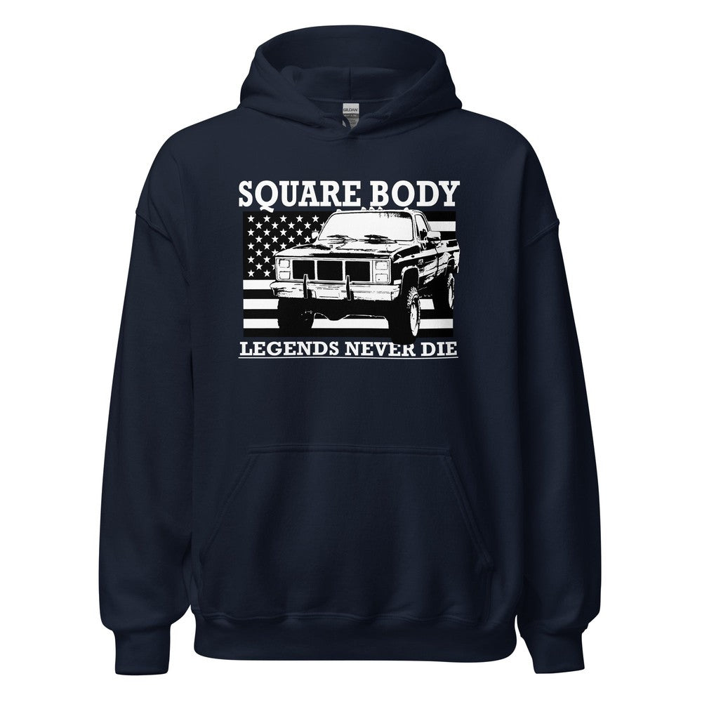 Squarebody Legends Hoodie Square Body Truck Sweatshirt With American Flag Design in navy