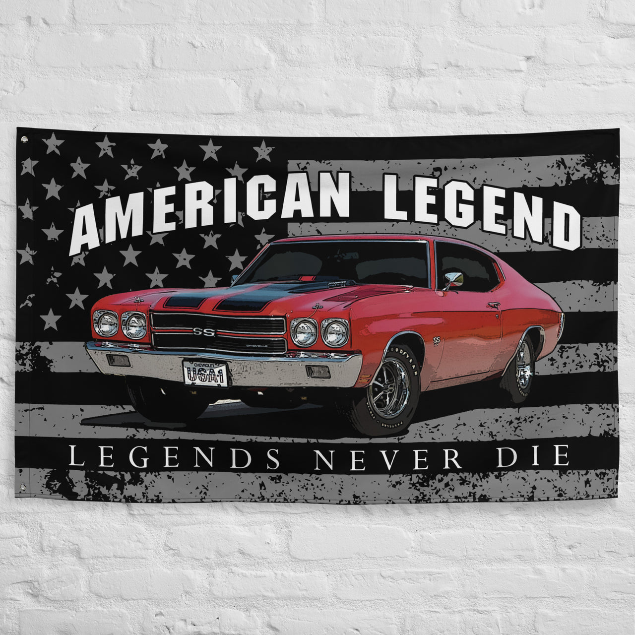 1970 Chevelle Garage Banner Wall Flag Hung on A Brick Wall