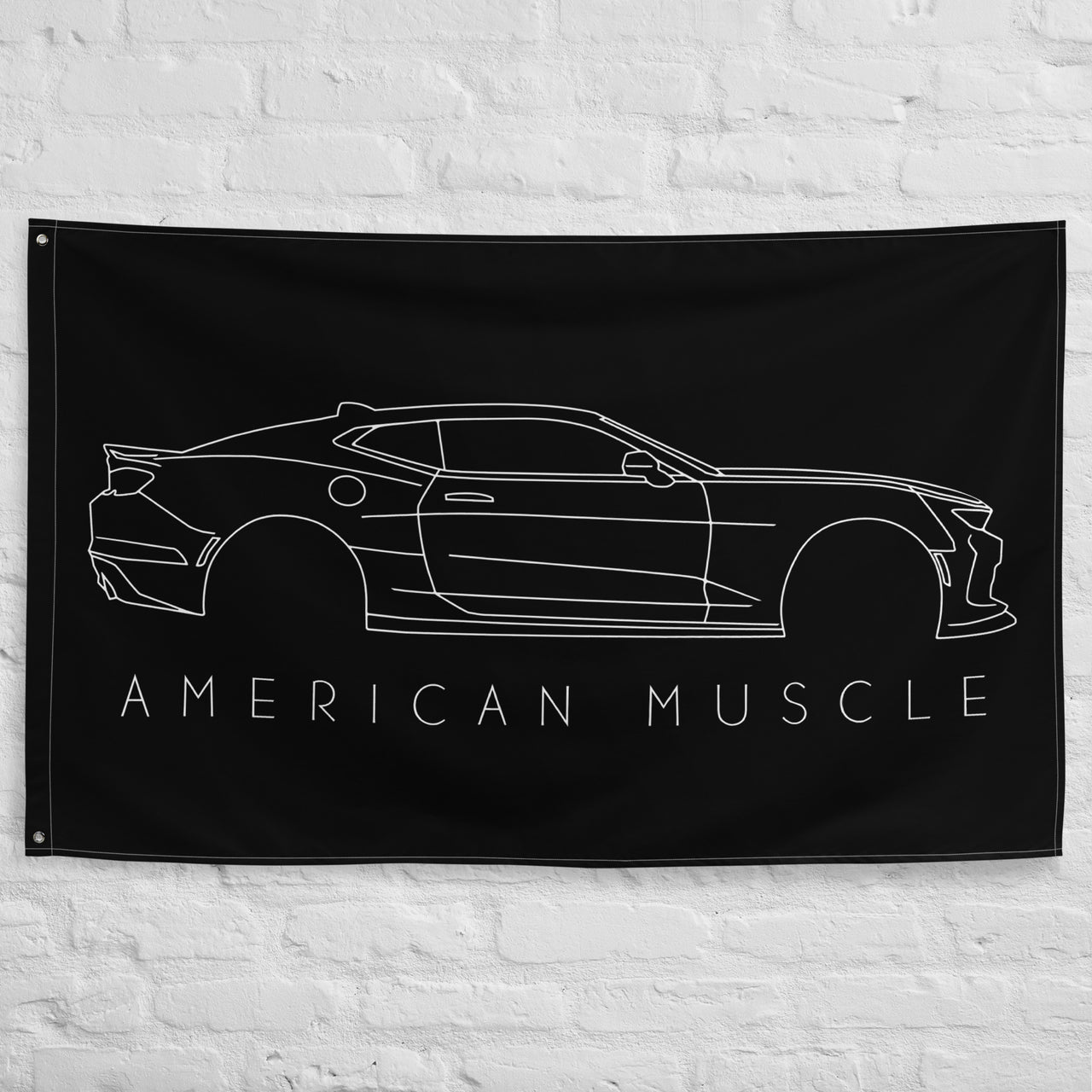 6th Gen Camaro Garage Flag Wall Banner Hanging on a brick wall