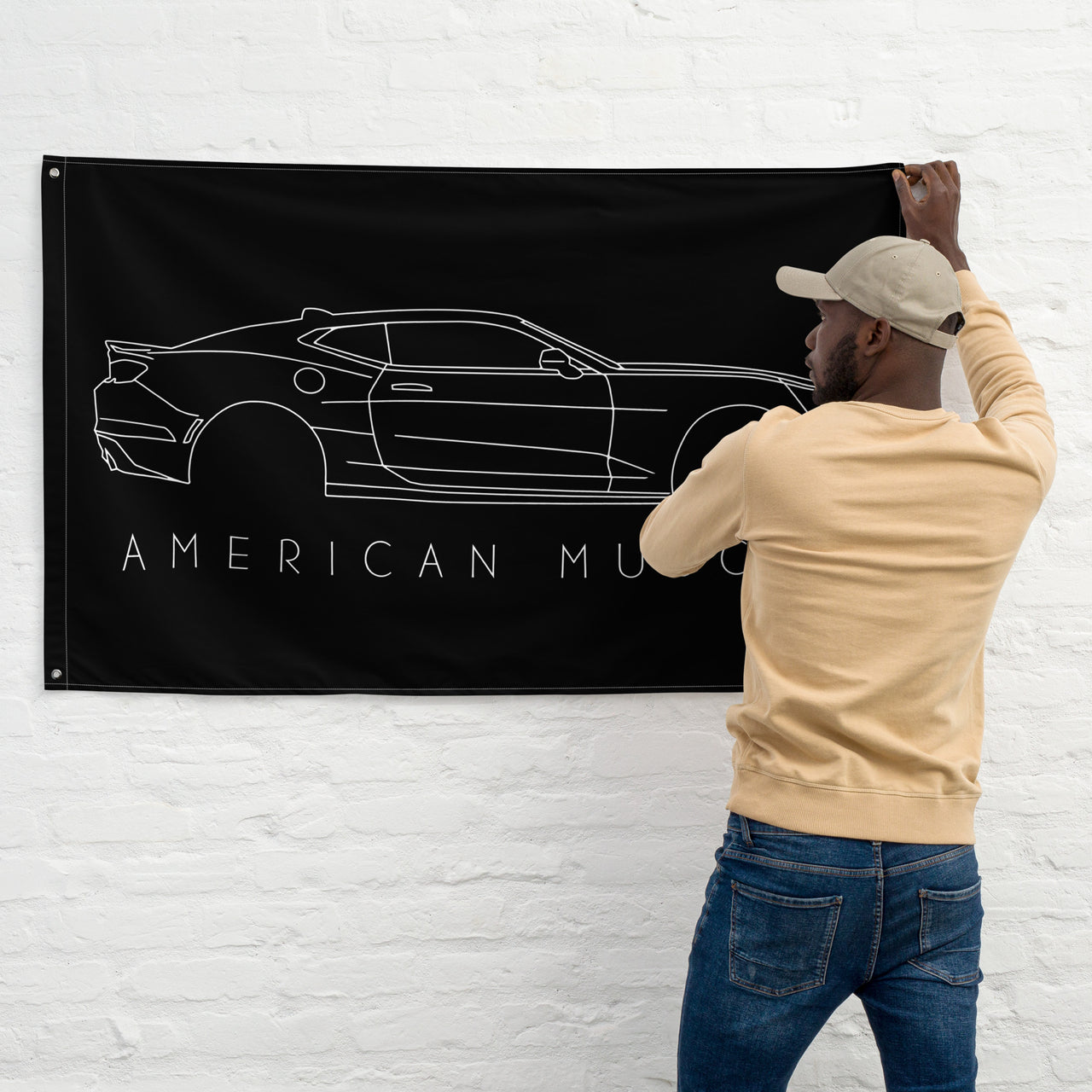Man hanging 6th Gen Camaro Garage Flag Wall Banner