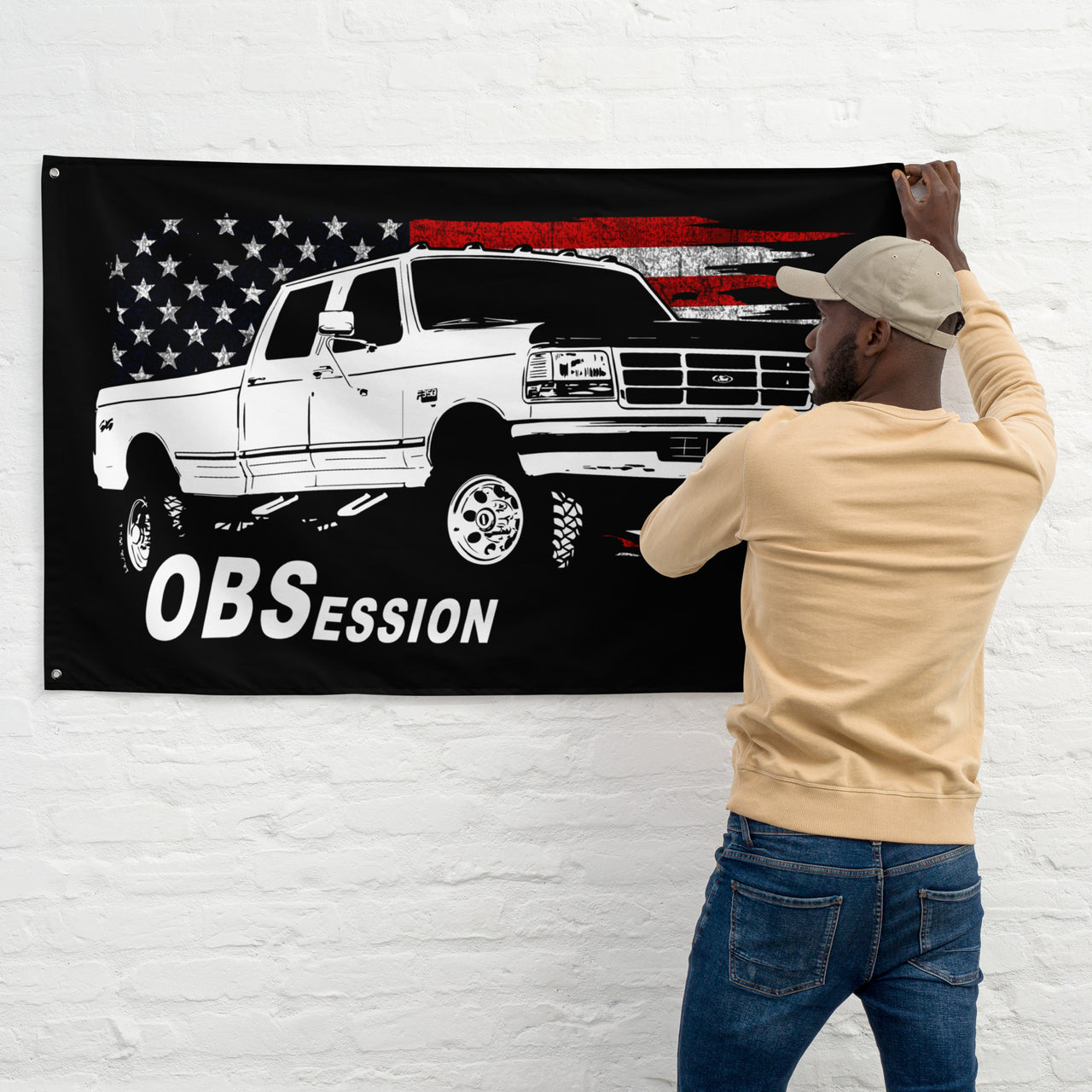 man hanging OBS Crew Cab Truck Wall Flag